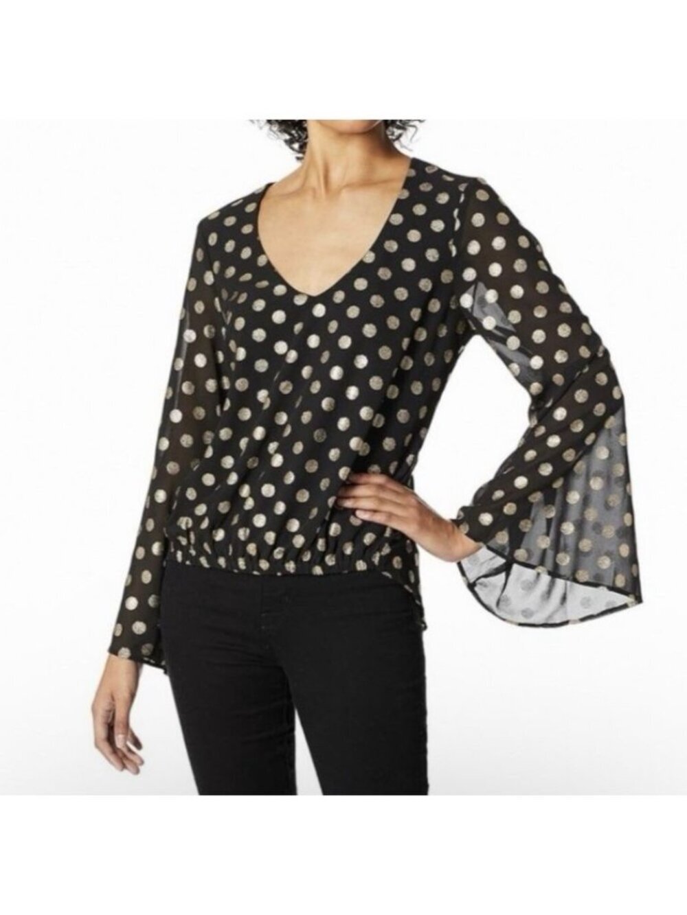Show Me Your Mumu Cosmic Polka Dot Black Gold Long Bell Sleeve Mackenzie Top M